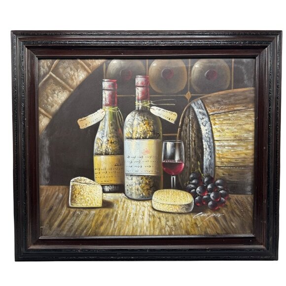 Vtg Wine & Cheese Still Life wood Framed Painting Signed By Artist Cangas 25x30